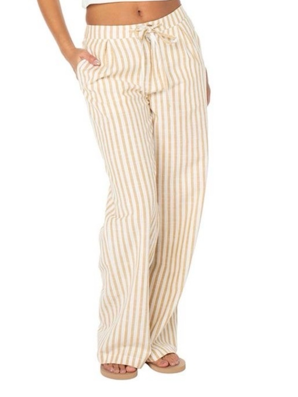 Roxy Cream and Beige Striped Drawstring Wide-Leg Pants
